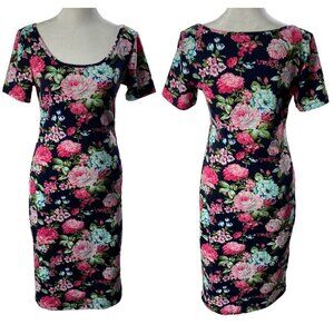 TOMS WARE Sheath Floral Dress Short Sleeves Knee Length M Navy Blue 67-17